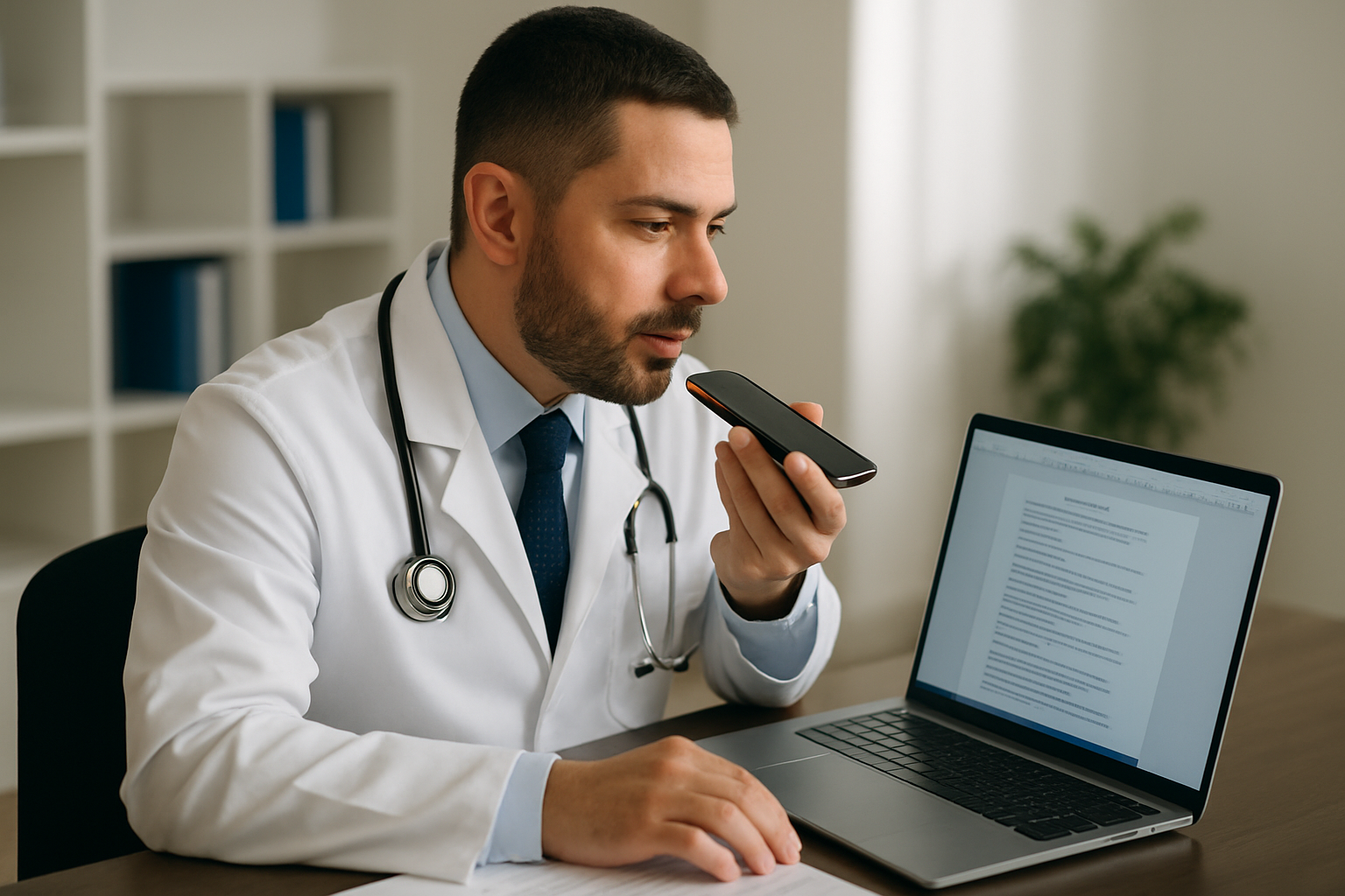 Врач диктует медицинские заметки в смартфон, используя приложение Historia AI для преобразования голоса в текст