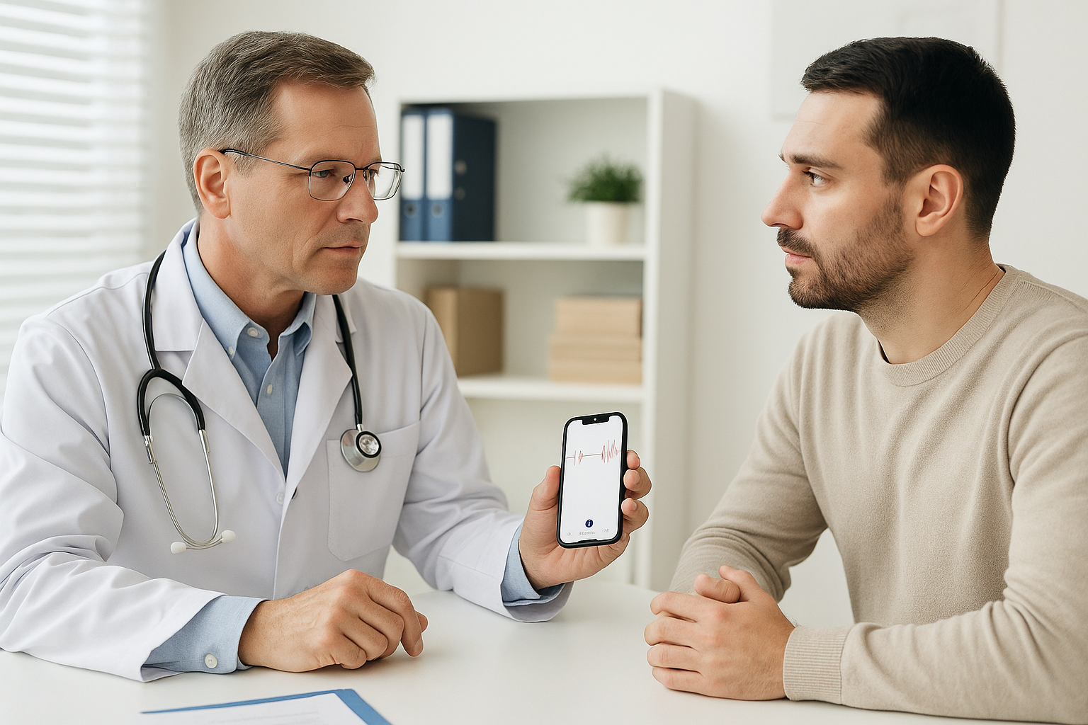 Врач в кабинете консультирует пациента, показывая результаты на смартфоне с приложением Historia AI