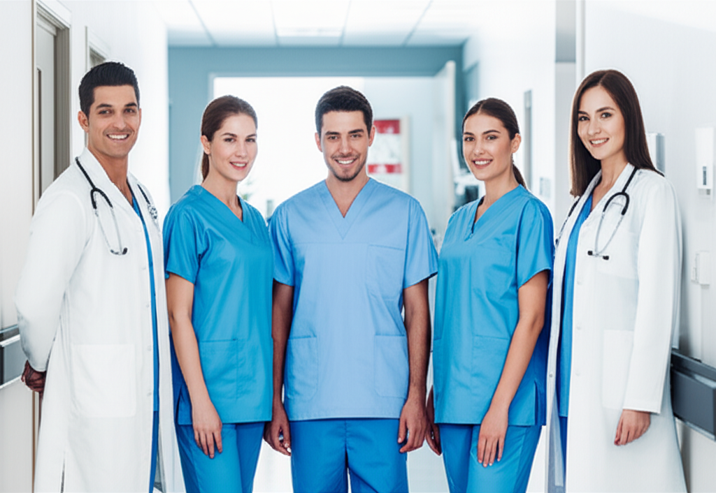 Group of doctors and nurses in maternity hospital wearing medical scrubs and white coats