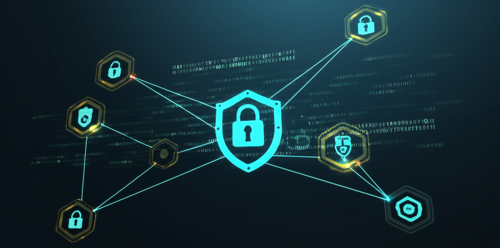 Medical data security visualization with shield icons and encryption symbols