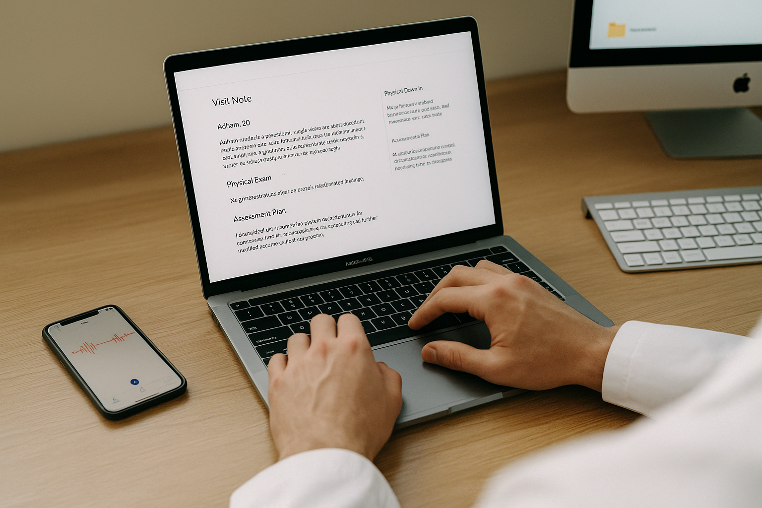 Экран компьютера с открытой системой ЭМК, куда импортируются структурированные медицинские заметки из приложения Historia AI